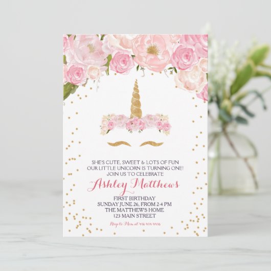 ユニコーン誕生日ピンク美しいフローラ招待状、 招待状 (スタンド正面)