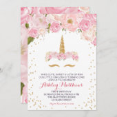 ユニコーン誕生日ピンク美しいフローラ招待状、 招待状 (正面/裏面)