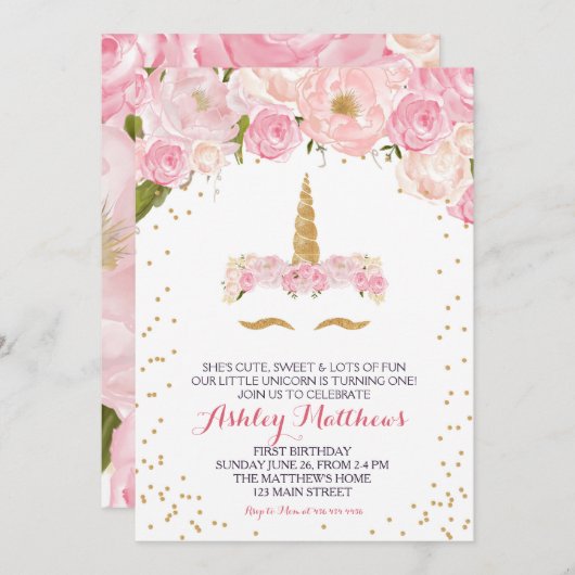 ユニコーン誕生日ピンク美しいフローラ招待状、 招待状 (正面/裏面)