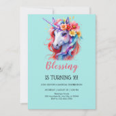 ユニコーン誕生日ピンク美しいフローラ 招待状 (正面)