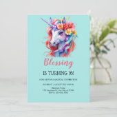 ユニコーン誕生日ピンク美しいフローラ 招待状 (スタンド正面)