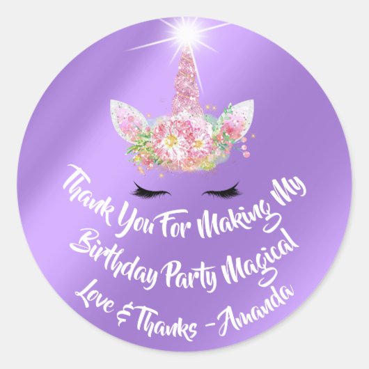 ユニコーン誕生日フェイスピンクスパーク金ゴールドフローララッシュ ラウンドシール (正面)