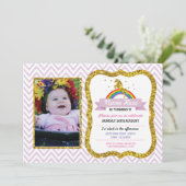 ユニコーン誕生日フォトパーティー招待状金ゴールドグリッター 招待状 (スタンド正面)