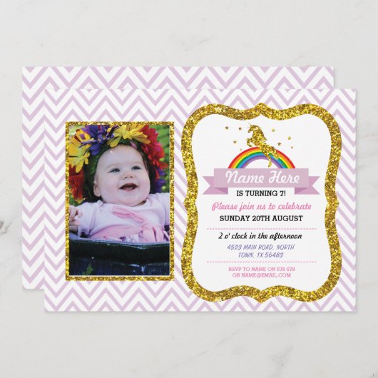 ユニコーン誕生日フォトパーティー招待状金ゴールドグリッター 招待状 (正面/裏面)