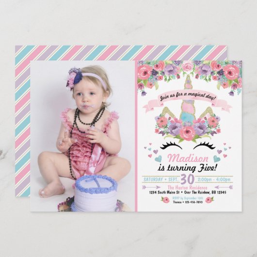 ユニコーン誕生日フォト招待状 招待状 (正面/裏面)