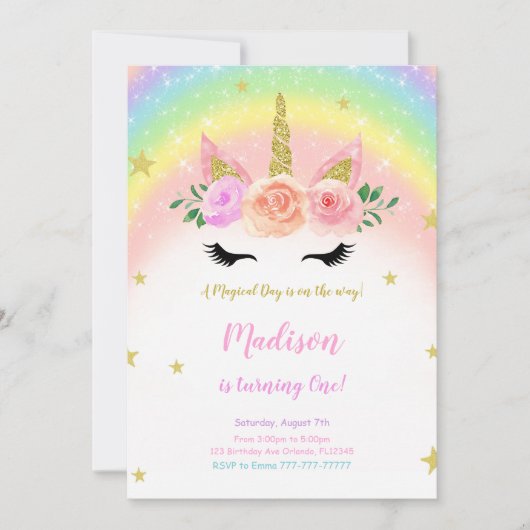ユニコーン誕生日マジカルパーティの招待状 招待状 (正面)