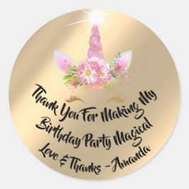 ユニコーン誕生日好意ピンクスパーク金ゴールドフローラ女の子 ラウンドシール