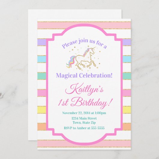ユニコーン誕生日招待状ガールグリッター金ゴールド 招待状 (正面/裏面)