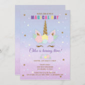 ユニコーン誕生日招待状ピンクパープル金ゴールド 招待状 (正面/裏面)