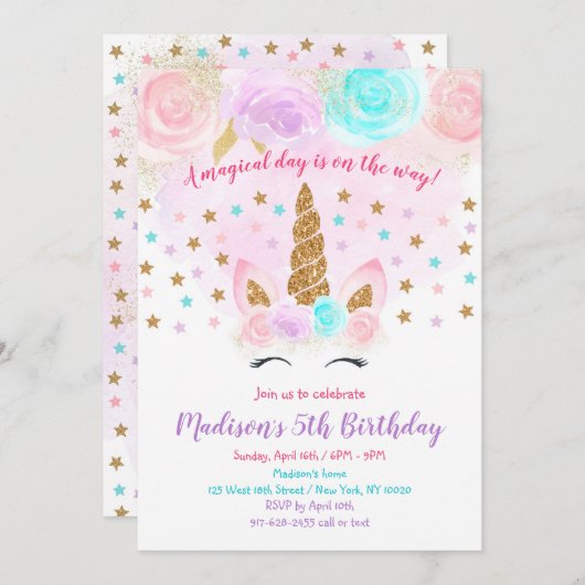 ユニコーン誕生日招待状ピンク金ゴールドマジカル 招待状 (正面/裏面)