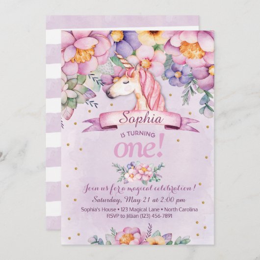 ユニコーン誕生日招待状マジカルフローラ招待状 招待状 (正面/裏面)