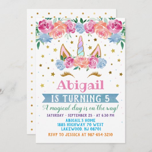 ユニコーン誕生日招待状ユニコーンパーティー招待状 招待状 (正面/裏面)