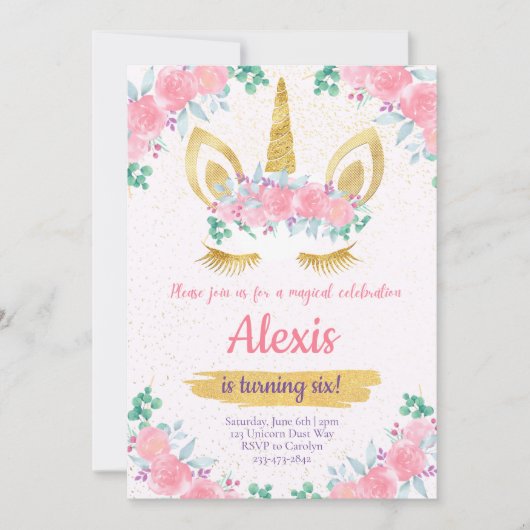 ユニコーン誕生日招待状ユニコーンパーティー招待状 招待状 (正面)