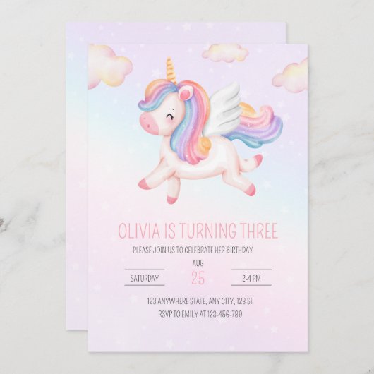 ユニコーン誕生日招待状ユニコーンレインボーパーティー 招待状 (正面/裏面)