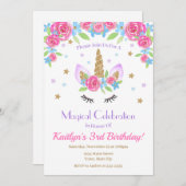 ユニコーン誕生日招待状レインボーグリッターガール 招待状 (正面/裏面)