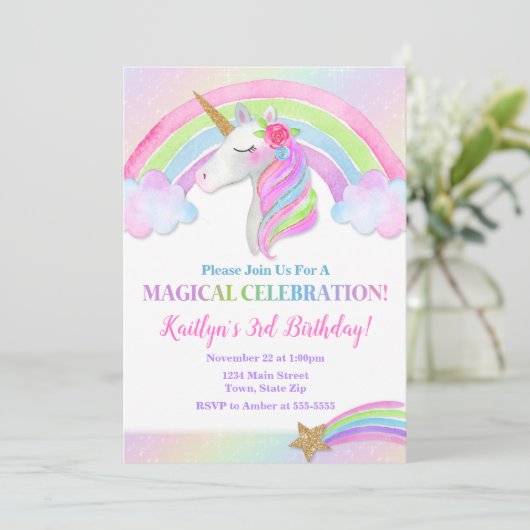 ユニコーン誕生日招待状レインボーユニコーンガール 招待状 (スタンド正面)