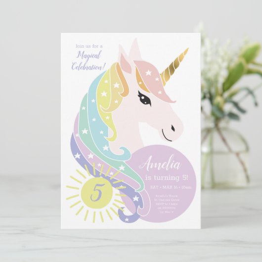 ユニコーン誕生日招待状レインボーユニコーンパーティー 招待状 (スタンド正面)