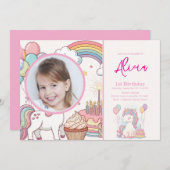 ユニコーン誕生日招待状1st誕生日パーティー 招待状 (正面/裏面)