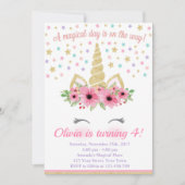 ユニコーン誕生日招待状、ピンクと金ゴールド 招待状 (正面)
