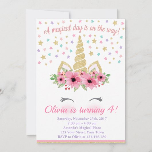 ユニコーン誕生日招待状、ピンクと金ゴールド 招待状 (正面)
