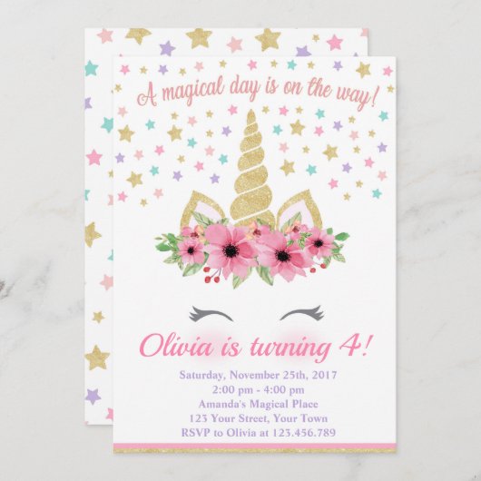 ユニコーン誕生日招待状、ピンクと金ゴールド 招待状 (正面/裏面)
