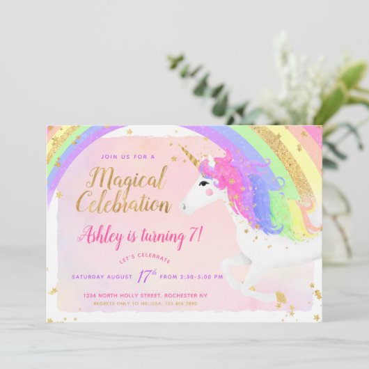 ユニコーン誕生日招待状 |ピンク金ゴールドレインボー 招待状 (スタンド正面)