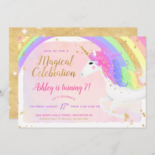 ユニコーン誕生日招待状 |ピンク金ゴールドレインボー 招待状 (正面/裏面)