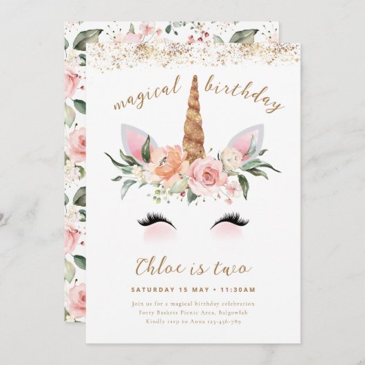 ユニコーン誕生日招待状、フローラピンク金ゴールドユニコーン 招待状 (正面/裏面)