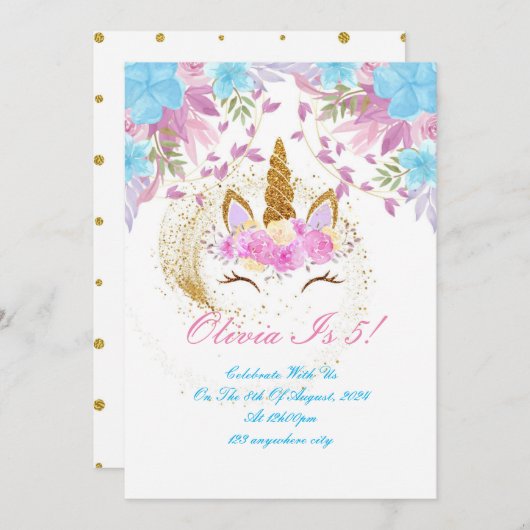 ユニコーン誕生日金ゴールドピンクパープル 招待状 (正面/裏面)