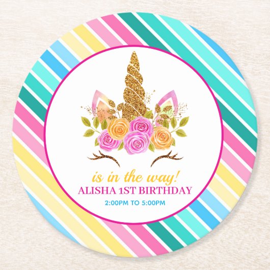 ユニコーン誕生日1st誕生日パーティー ラウンドペーパーコースター (正面)