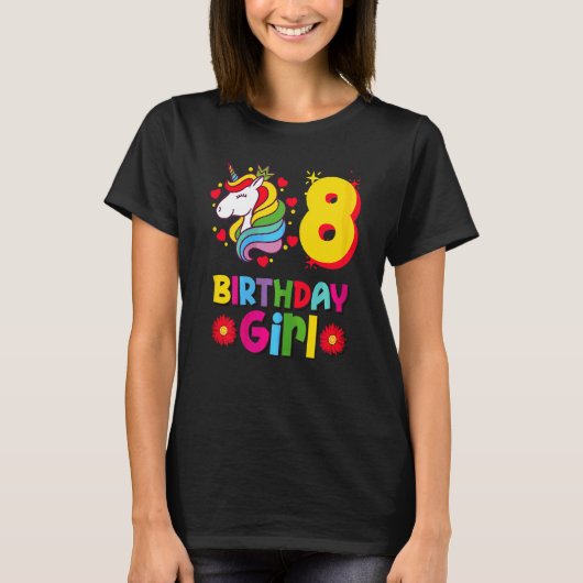 ユニコーン誕生日8歳の花の付いたユニコーン Tシャツ (正面)