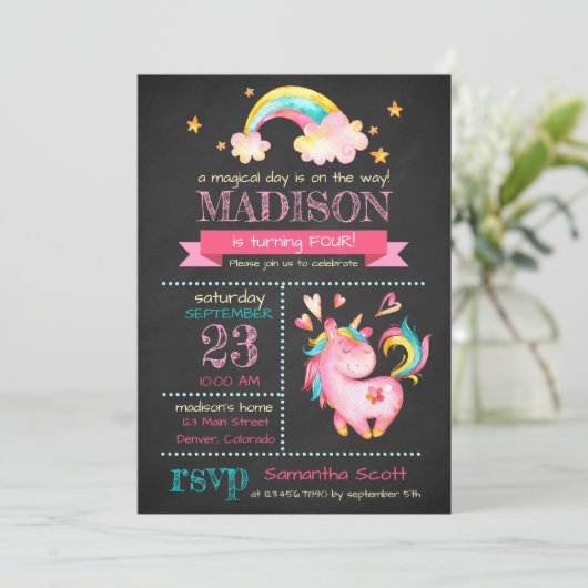 ユニコーン誕生日 | マジカルバースデーパーティー招待状 招待状 (スタンド正面)