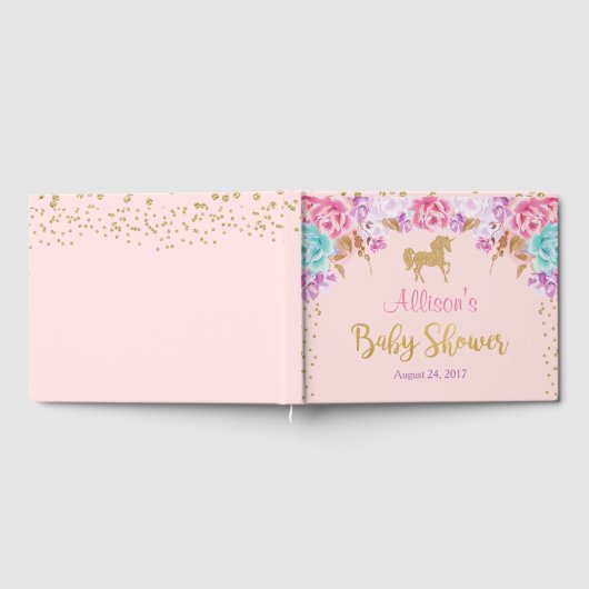 ユニコーン赤ちゃんシャワーのゲストブック、ピンクと金ゴールド ゲストブック (全面)