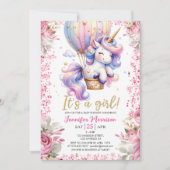 ユニコーン赤ちゃんシャワーガールピンクフローラバルーン 招待状 (正面)