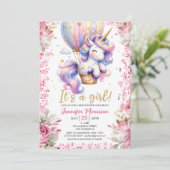 ユニコーン赤ちゃんシャワーガールピンクフローラバルーン 招待状 (スタンド正面)