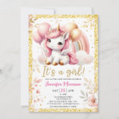 ユニコーン赤ちゃんシャワーガールピンク金ゴールドバルーン 招待状 (正面)