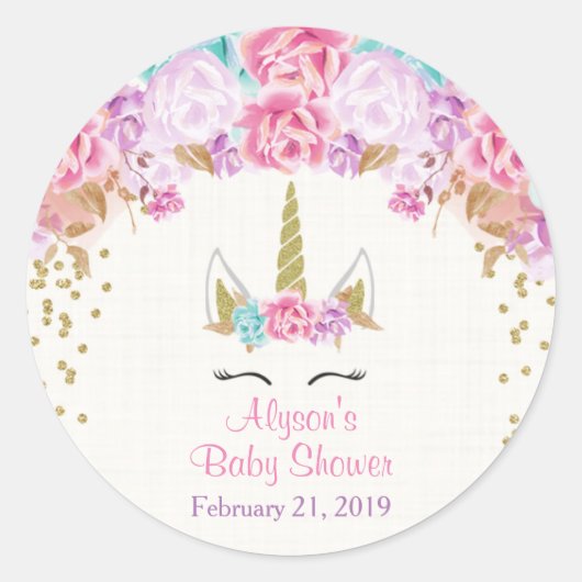 ユニコーン赤ちゃんシャワーステッカー、ピンクと金ゴールド ラウンドシール (正面)