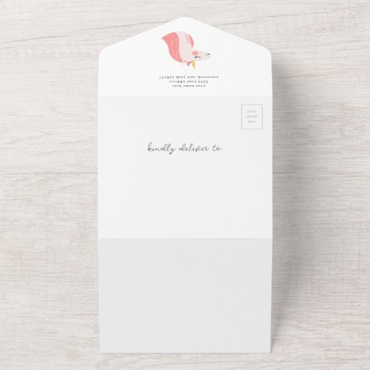 ユニコーン赤ちゃんシャワーピンクと金ゴールド オールインワン招待状 (外側)