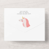 ユニコーン赤ちゃんシャワーピンクと金ゴールド オールインワン招待状 (裏面)