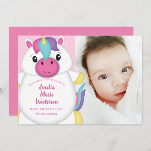 ユニコーン赤ちゃんシャワーピンク 招待状 (正面/裏面)