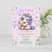 ユニコーン赤ちゃんシャワー女の子のフローラ水色 招待状 (スタンド正面)