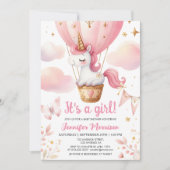 ユニコーン赤ちゃんシャワー女の子ピンクのホットエアバルーン 招待状 (正面)