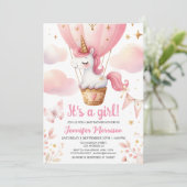 ユニコーン赤ちゃんシャワー女の子ピンクのホットエアバルーン 招待状 (スタンド正面)