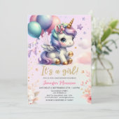ユニコーン赤ちゃんシャワー女の子ピンク紫バルーン 招待状 (スタンド正面)
