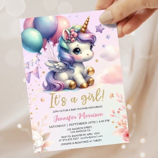 ユニコーン赤ちゃんシャワー女の子ピンク紫バルーン 招待状