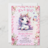 ユニコーン赤ちゃんシャワー女の子ピンク紫フローラかわいい 招待状 (正面)