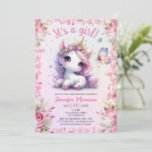 ユニコーン赤ちゃんシャワー女の子ピンク紫フローラかわいい 招待状 (スタンド正面)