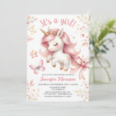 ユニコーン赤ちゃんシャワー女の子フローラルブルースピンクユニコーン 招待状 (スタンド正面)