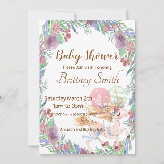 ユニコーン赤ちゃんシャワー招待状、ユニコーンフローラ、 シーズンカード (正面)