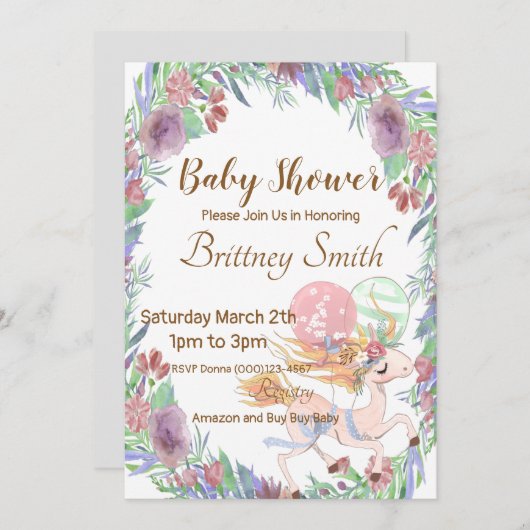 ユニコーン赤ちゃんシャワー招待状、ユニコーンフローラ、 シーズンカード (正面/裏面)